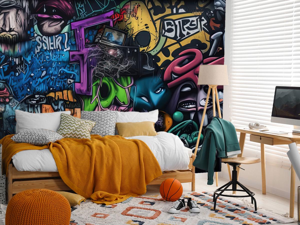FOTOTAPETE für Jugendzimmer Bunte Graffiti Figura Schrift Abstrakt 500x350 - Blau/Pink, Papier (500/350cm) - Muralo