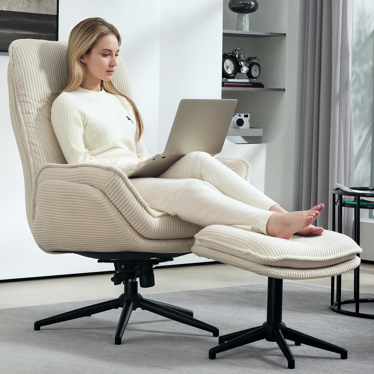 RELAXSESSEL mit Hocker 360°Drehbarer Fernsehsessel mit Liegefunktion, Cord Beige - Beige/Schwarz, Textil/Metall (72/107/83cm) - HOMCOM