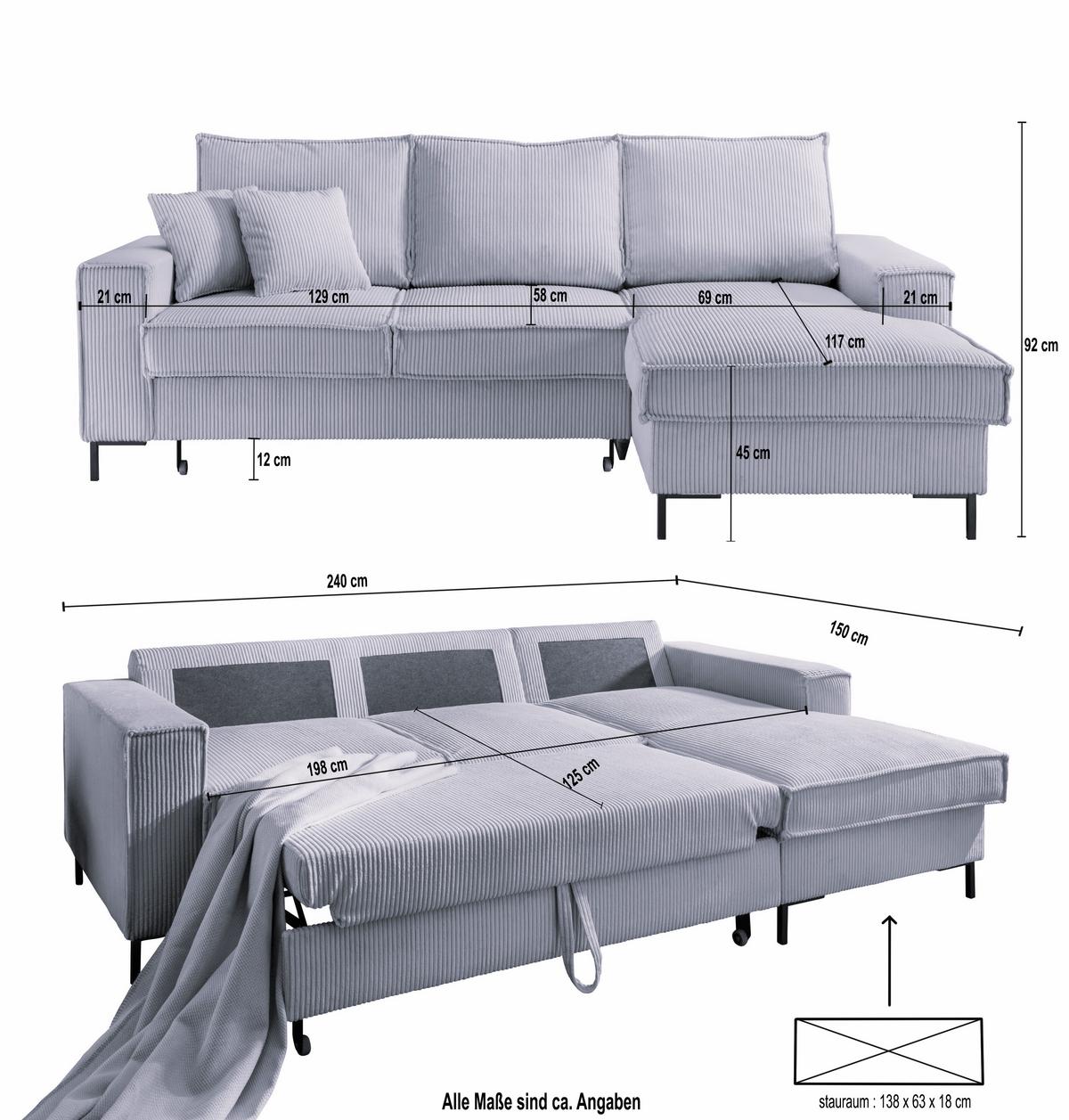 ECKSOFA mit Schlaffunktion, Bettkasten, Wellenunterfederung, Récamiere rechts B240/T150/H92 cm, Liegefl. 125x198 cm, Cord Braun Taupe / 17222 - Schwarz/Braun, Textil/Metall (240/150cm) - luma-home