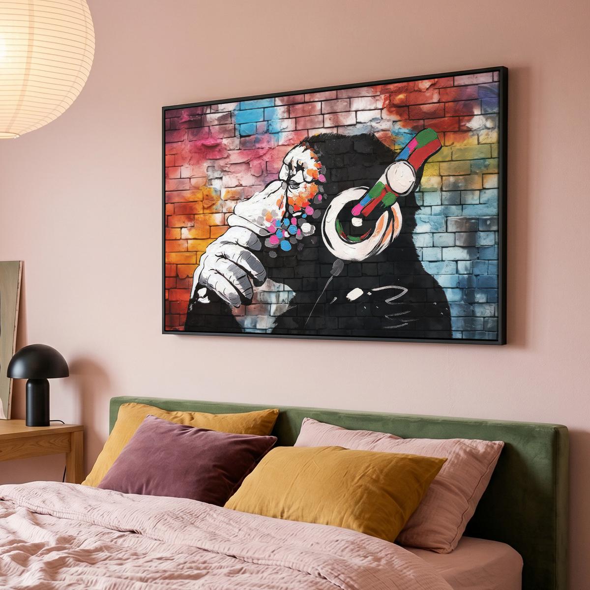LEINWAND Bilder mit Rahmen - Affe - Graffiti - Musik - 150x100 - Multicolor, Textil (150/100cm) - MuchoWow