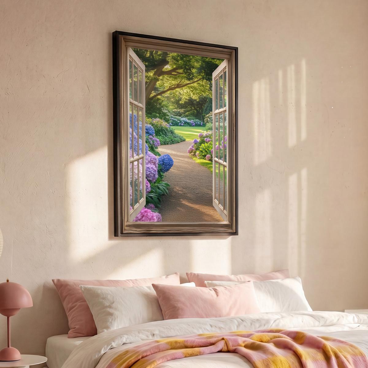 LEINWAND Bilder mit Rahmen - Aussicht - Garten - Fenster - Hortensie - Blumen - 100x150 - Pastellblau, Textil (100/150cm) - MuchoWow