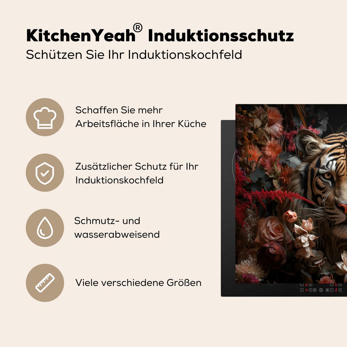 HERDABDECKPLATTE Tiger - Tier - Natur - Floral - Botanisch Herdabdeckung Induktionsfeld 65x52 cm - Orange, Kunststoff (65/52/0.2cm) - MuchoWow