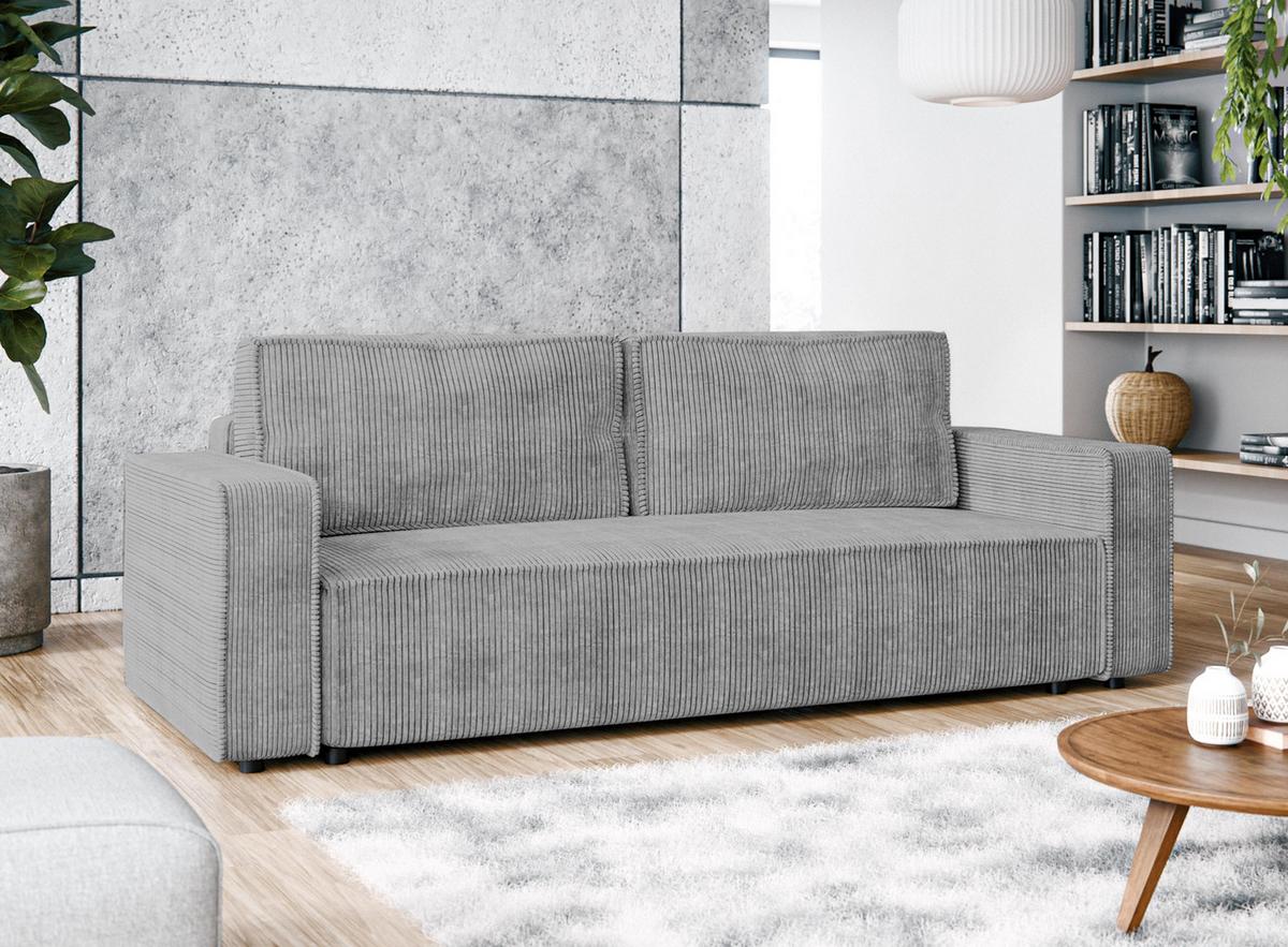 BIGSOFA Aydin Sofa Hellgrau 238/94/85 cm Cord mit Schlaffunktion Bettkasten - Hellgrau/Schwarz, Kunststoff/Textil (238/85/94cm) - AX Living