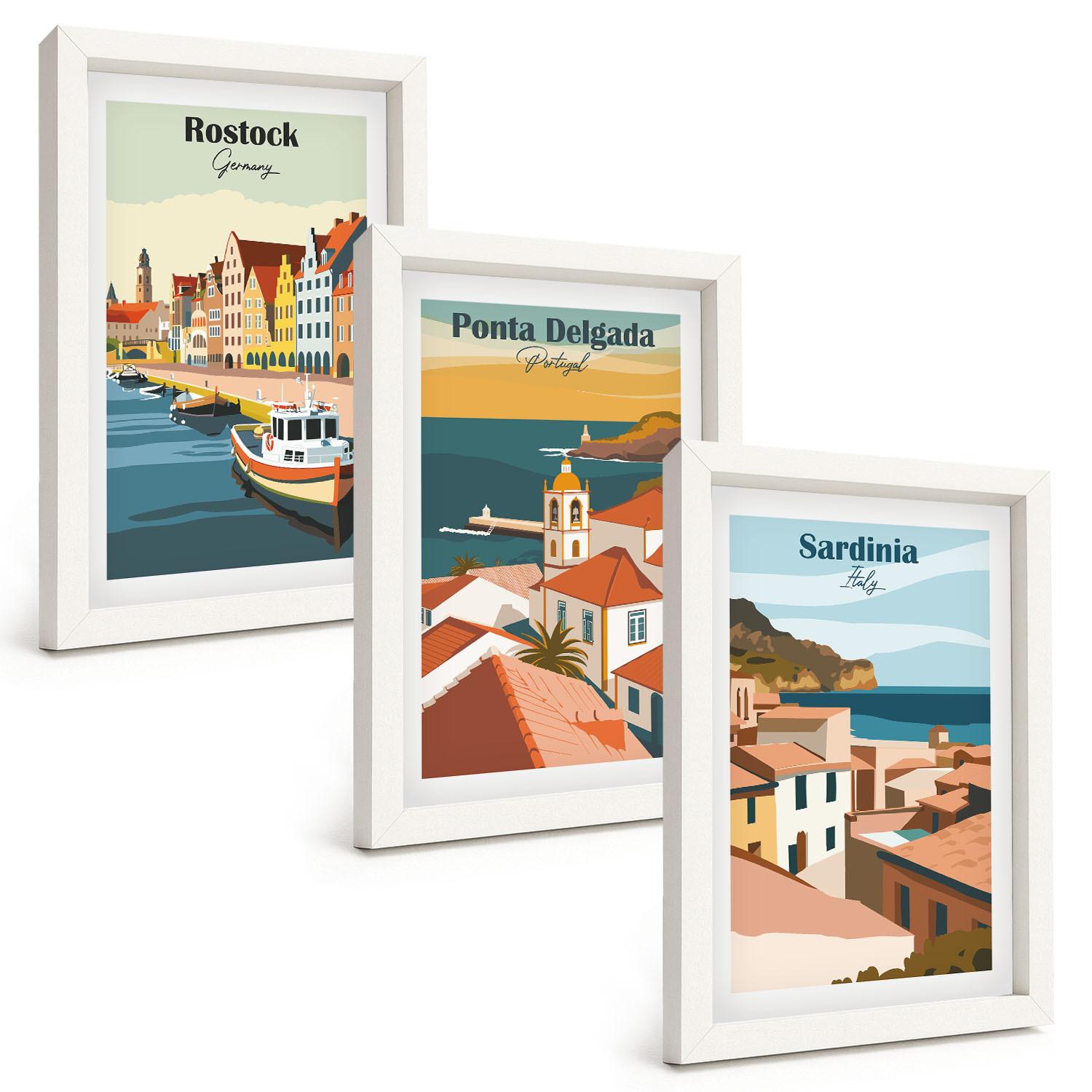 BILDER SET 3er Set - 20x30 cm Weißer Rahmen - Ansichten europäischer Küstenstädte - Weiß, Kunststoff (20/30cm) - TULUP