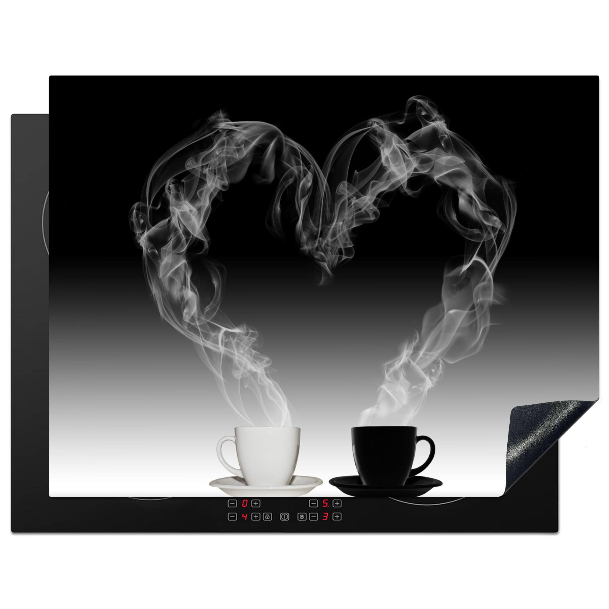 HERDABDECKPLATTE Kaffee - Herz - Schwarz und weiß - Tassen Induktionsmatte 77x59 cm - Weiß, Kunststoff (77/59/0.2cm) - MuchoWow