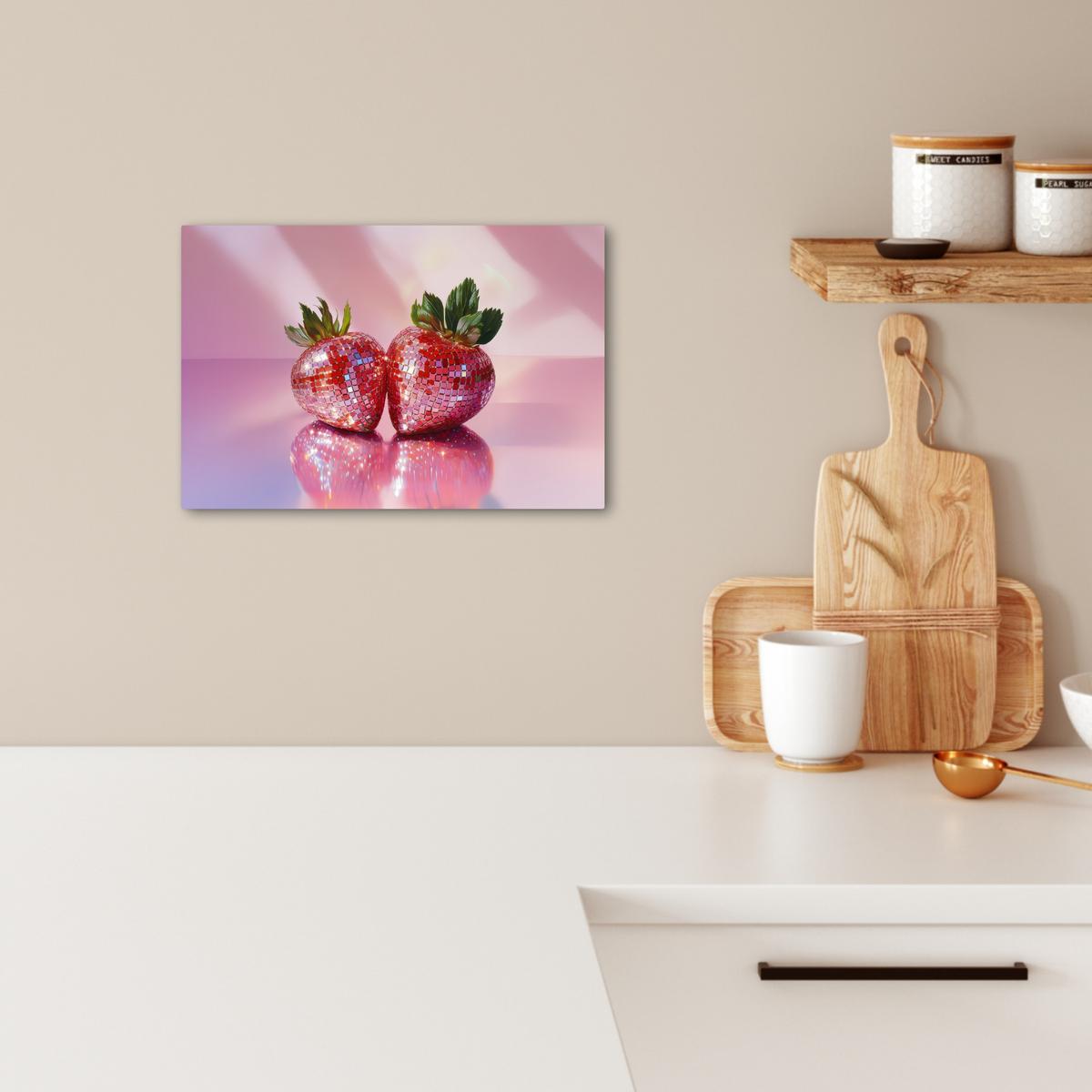 LEINWANDBILD Disco - Obst - Glitzer - Erdbeere Deko Schlafzimmer 30x20 cm - Pink, Textil (30/20cm) - MuchoWow
