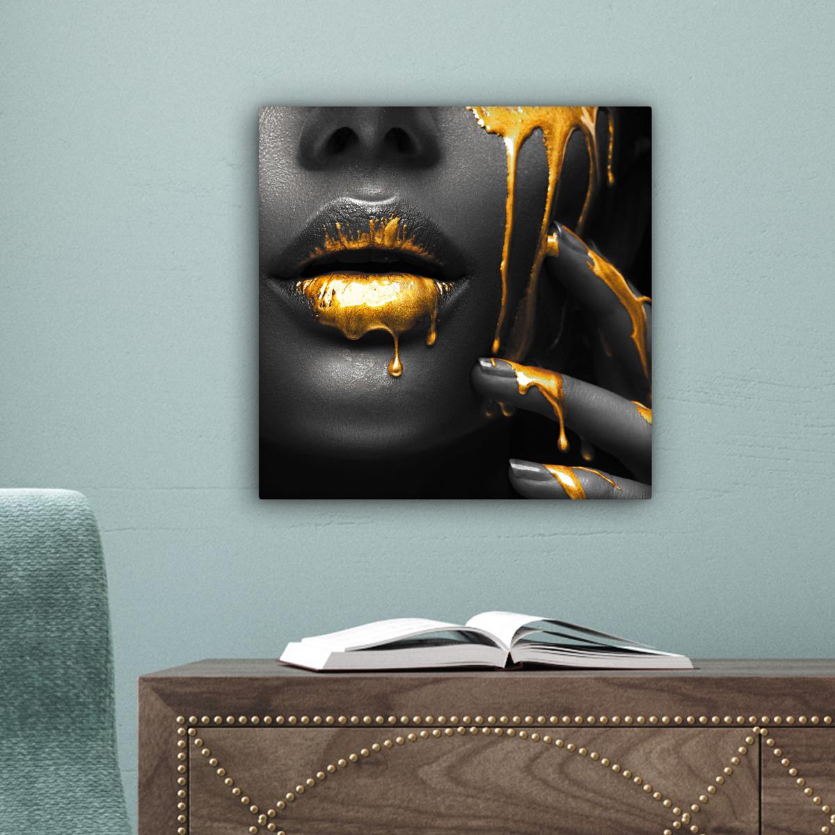 LEINWANDBILD Frau - Schwarz - Gold - Gesicht - Lippen Deko Wohnzimmer 20x20 cm - Goldfarben, Textil (20/20cm) - MuchoWow