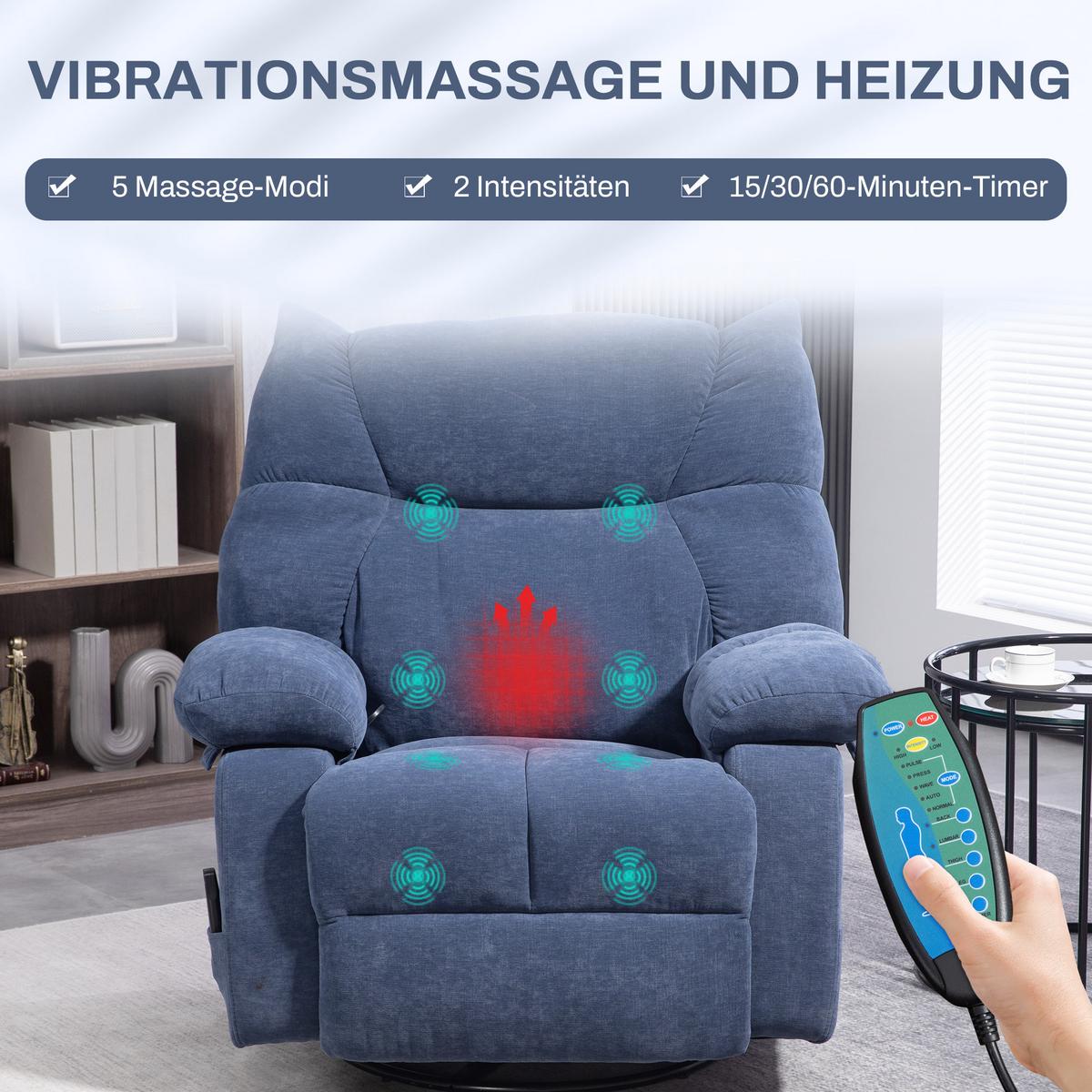 RELAXSESSEL mit Massagefunktion, Elektrisch Fernsehsessel mit Wärmfunktion - Blau/Schwarz, Textil/Metall (90/98/98cm) - HOMCOM