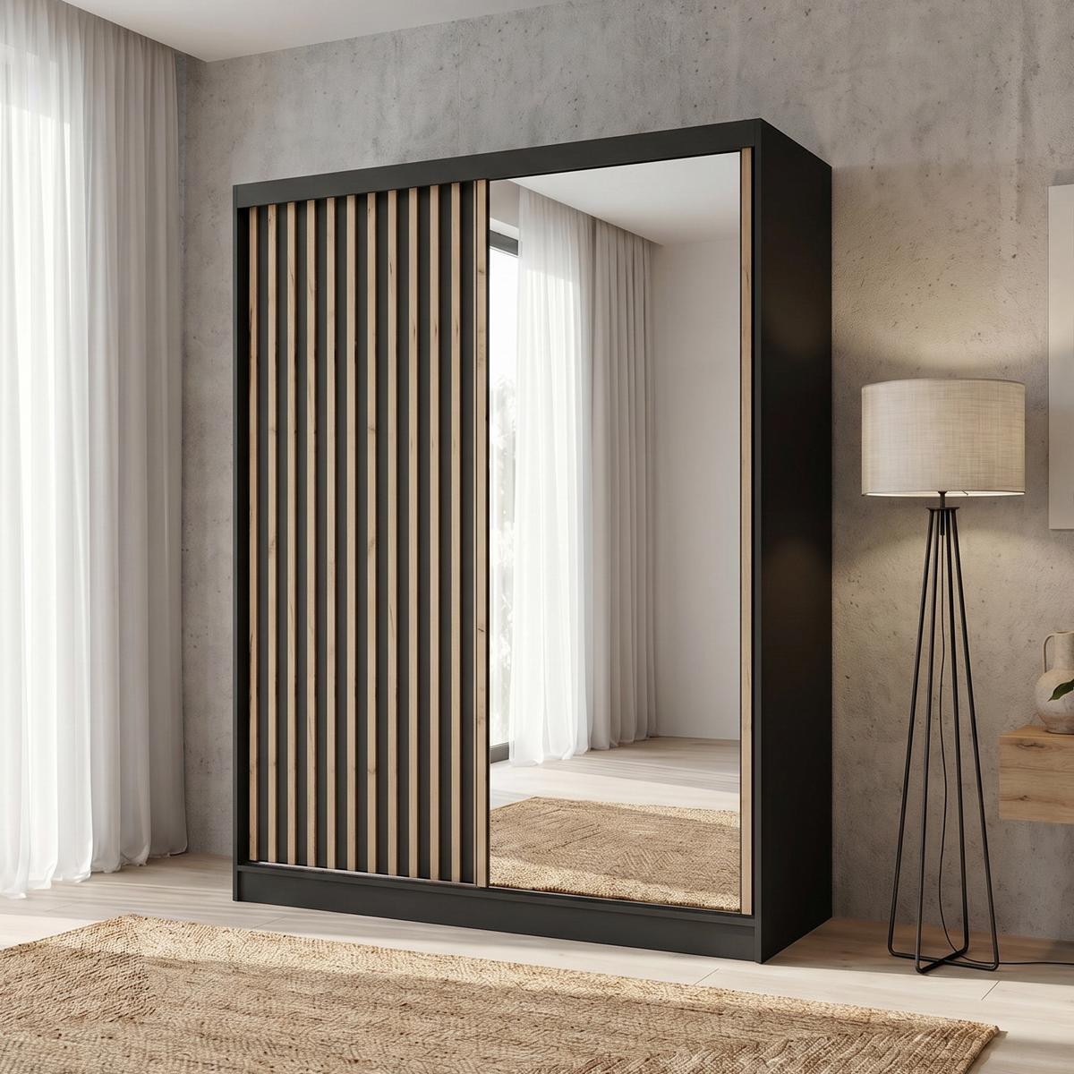 SCHWEBETÜRENSCHRANK Donatello mit 2 Türen und Schubkasteneinsatz, 160 cm, Schwarz+eiche Artisan - Schwarz/Eiche Artisan, Holzwerkstoff (160/205/60cm) - Beautysofa