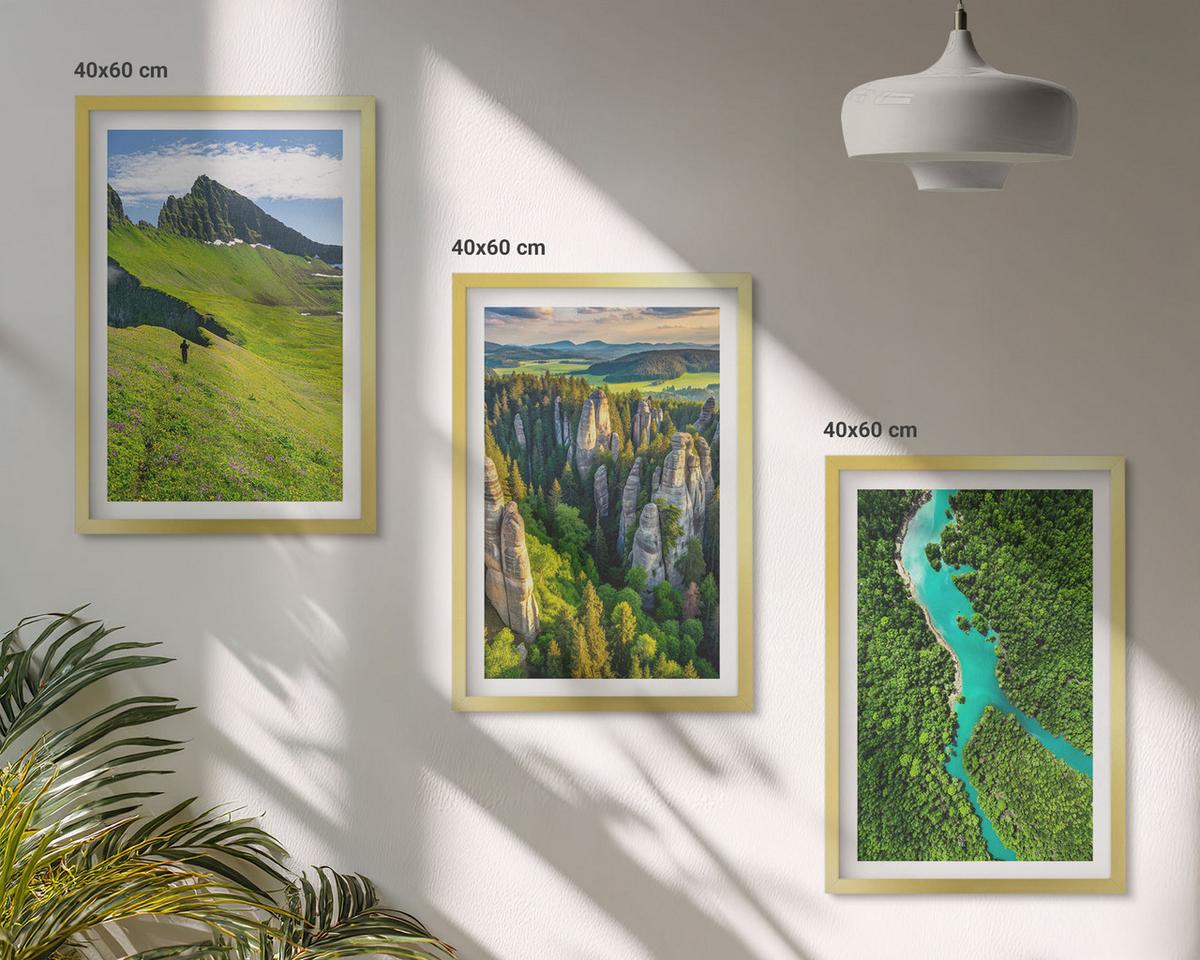 BILDER SET 3er Set - 40x60 cm Goldrahmen - Grüne Berge, Flussfelsen - Goldfarben, Kunststoff (40/60cm) - TULUP