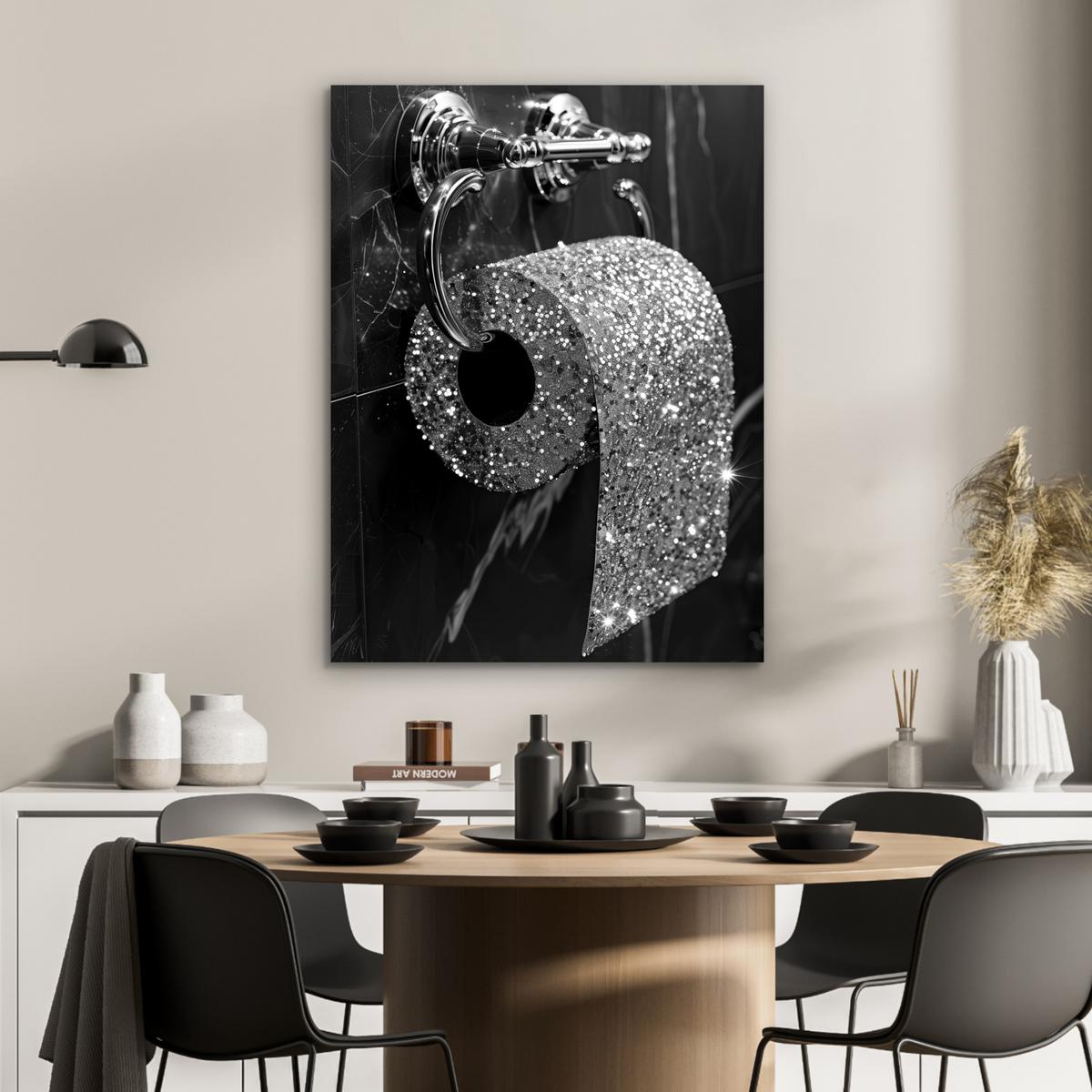 METALLBILD WC - Toilettenpapier - Schwarz und weiß - Glitter 60x80 cm - Silberfarben, Metall (60/80cm) - MuchoWow