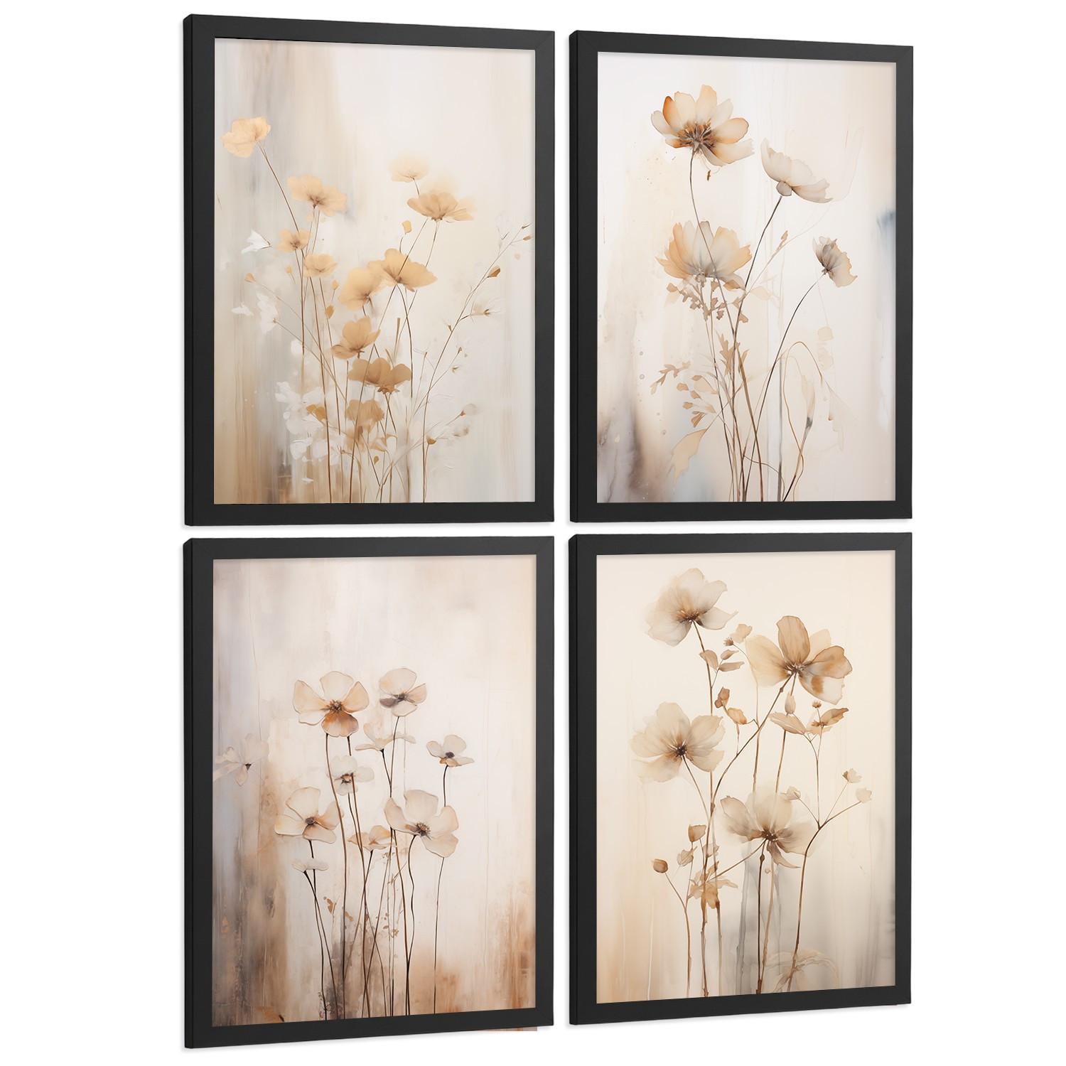 POSTER 4er-Set Wandbilder Blumen Vintage modern Wohnzimmer Deko, Schlafzimmer, Küche, Badezimmer Rahmenlos A3 - Schwarz, Papier (29.7/1/42cm) - Nacnic