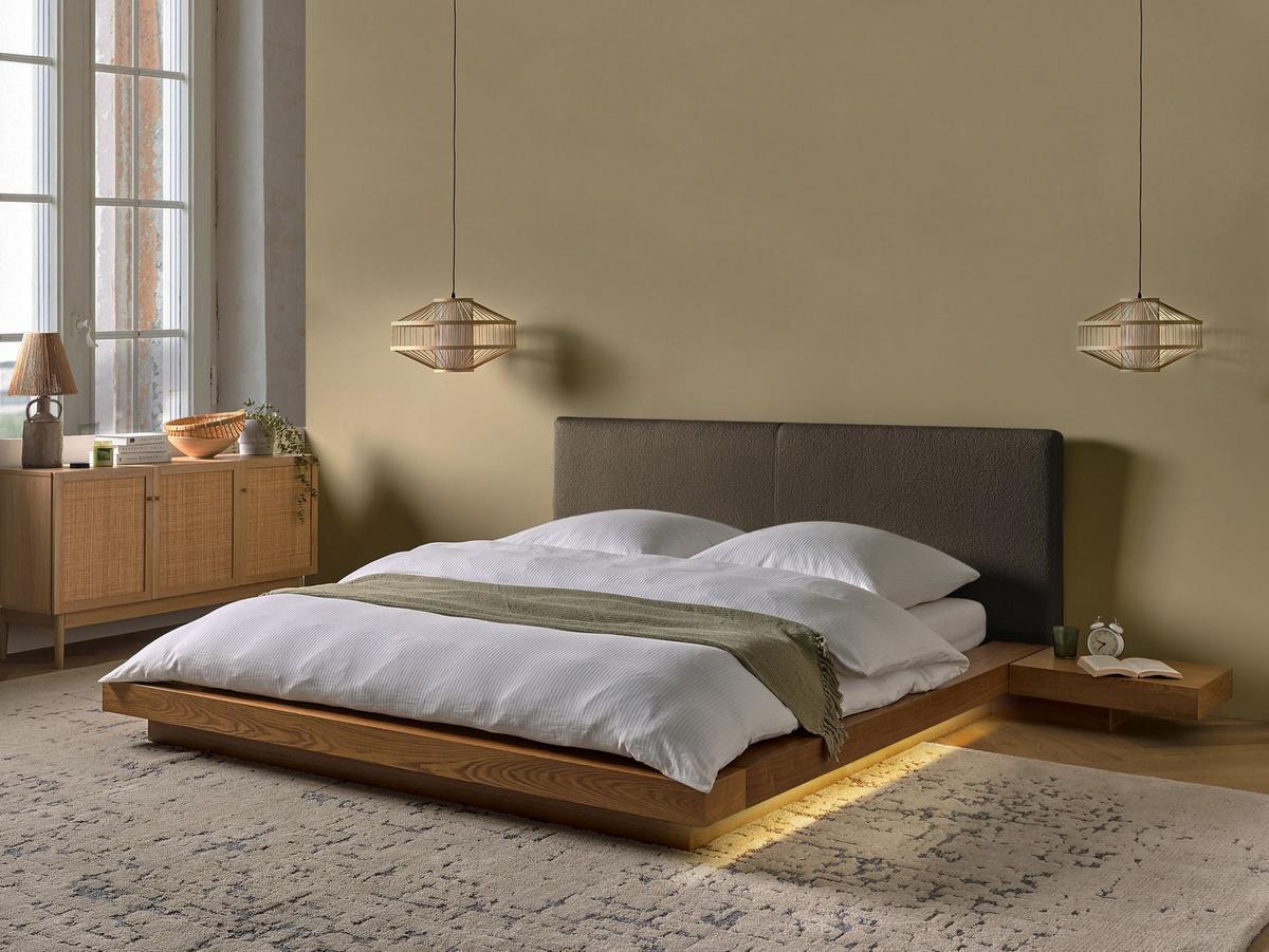 BETT mit LED 160/200 cm MDF-Platte Hellbraun Zen - Hellbraun, Holz (160/200cm) - Beliani