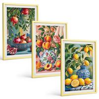 BILDER SET 3er Set - 40x60 cm Goldrahmen - Fruchtzusammensetzung von Granatäpfeln - Goldfarben, Kunststoff (40/60cm) - TULUP