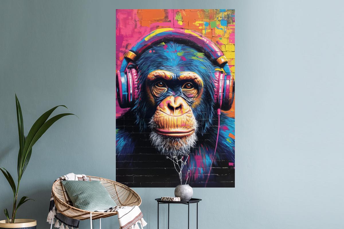WANDTATTOO Graffiti - Schimpanse - Straßenkunst - Kopfhörer - Affe Wandaufkleber 80x120 cm - Blau, Kunststoff (80/120/0.1cm) - MuchoWow