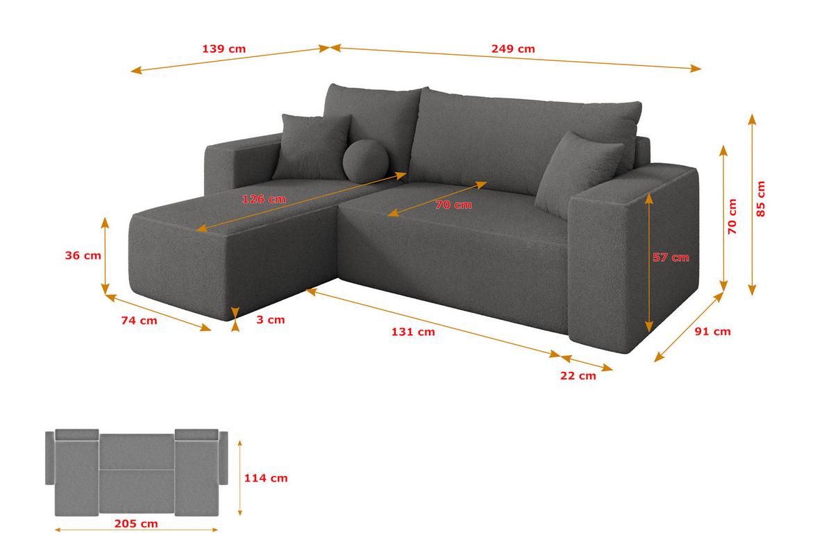 ECKSOFA mit Schlaffunktion Ottomane Links SENO-L 249x139x85 Grau Bouclé - Schieferfarben/Schwarz, Holzwerkstoff/Kunststoff (249/139cm) - ALTDECOR