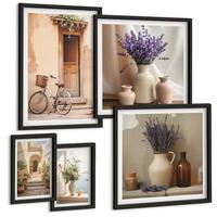 BILDER SET 5er Set - 50x50 cm & 20x30 cm & 40x60 cm Schwarzer Rahmen - Friedliche Zen-Blumen-Buddha-Komposition - Schwarz, Kunststoff (40/60cm) - TULUP