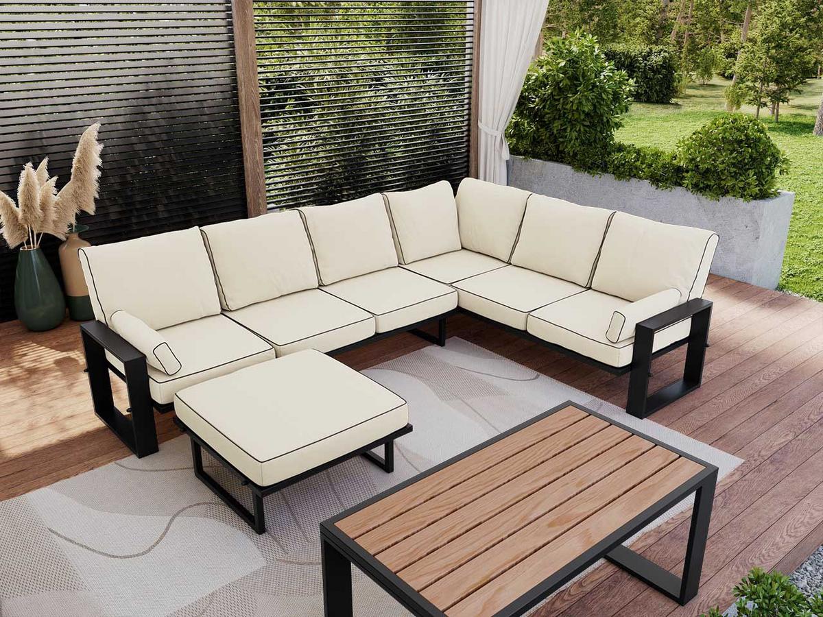 GARTENMÖBEL-SET ELBA: 1x Tisch, 1x Ecksofa, 1x Hocker - Beige - Beige, Textil - MKS