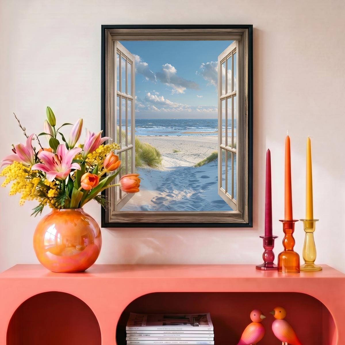 LEINWAND Bilder mit Rahmen - Aussicht - Strand - Fenster - Dünen - Meer - 30x40 - Hellblau, Textil (30/40cm) - MuchoWow