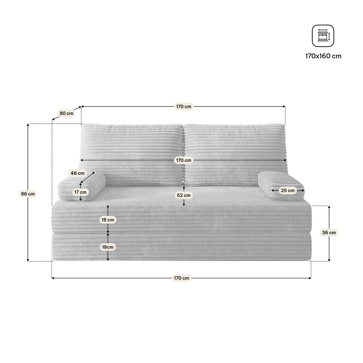 BETTSOFA SILAR aus Schaumstoff Kordstoff Hellgrau Schlaffunktion - Hellgrau, Textil (170/86/80cm) - MASSENO