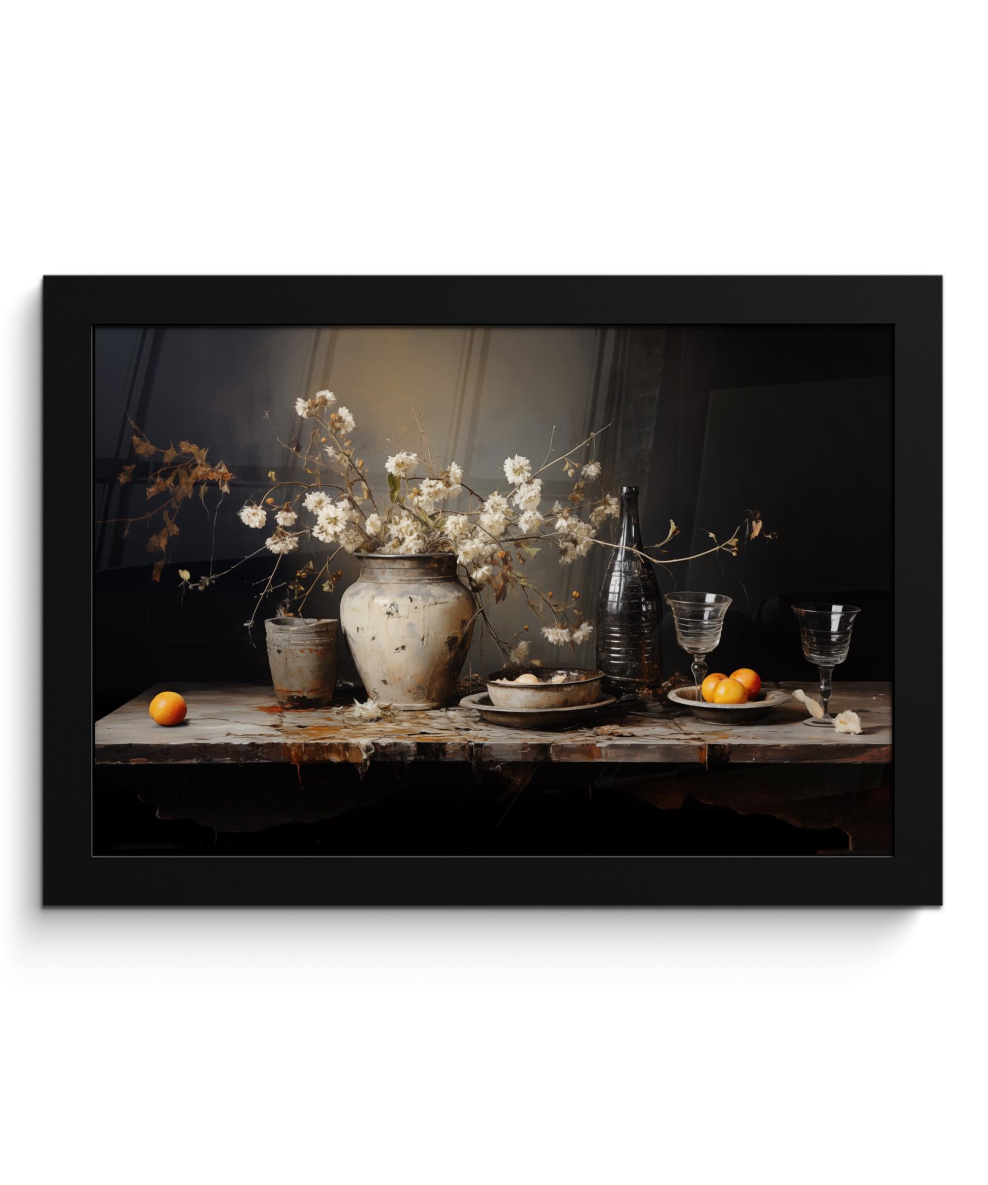 POSTER MIT RAHMEN Stilleben - Blumen - Blumenstrauß - Vase - Wein 30x20 cm - Schwarz, Papier (30/20cm) - MuchoWow