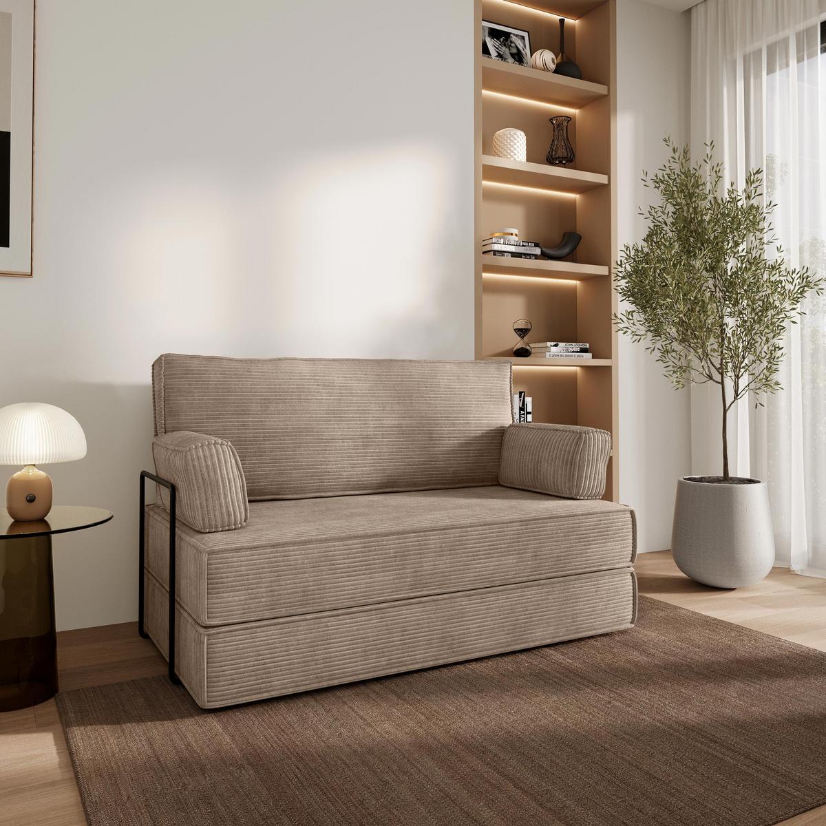 BETTSOFA LADIA aus Schaumstoff Cordstoff Beige Schlaffunktion - Beige, Textil (140/86/60cm) - MASSENO