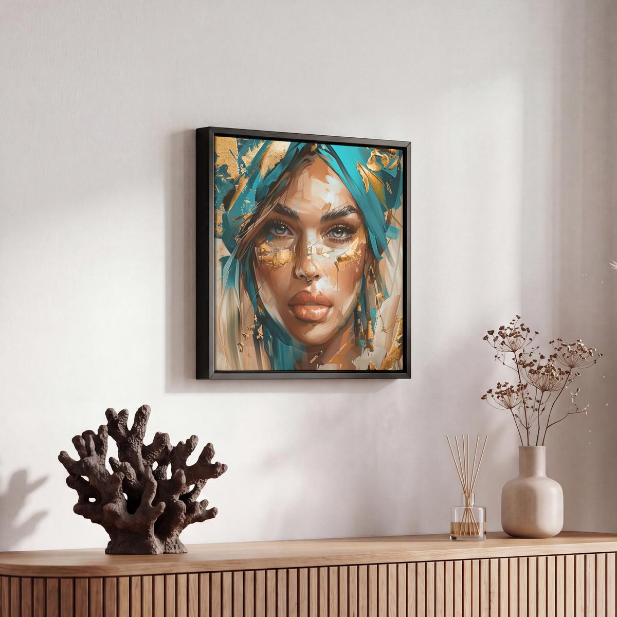 LEINWAND Bilder mit Rahmen - Frau - Porträt - Gold - Luxus - Blau - 20x20 - Türkis, Textil (20/20cm) - MuchoWow