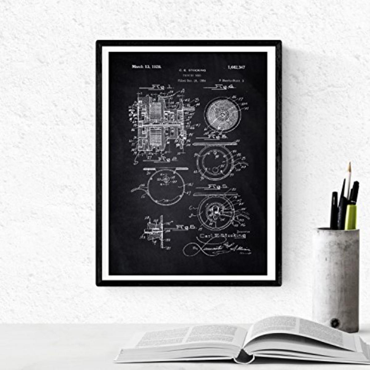 POSTER Set mit 4 Schwarz PATENT FISCHEN A4 Schwarzer Rahmen - Schwarz, Papier (29.7/3cm) - Nacnic