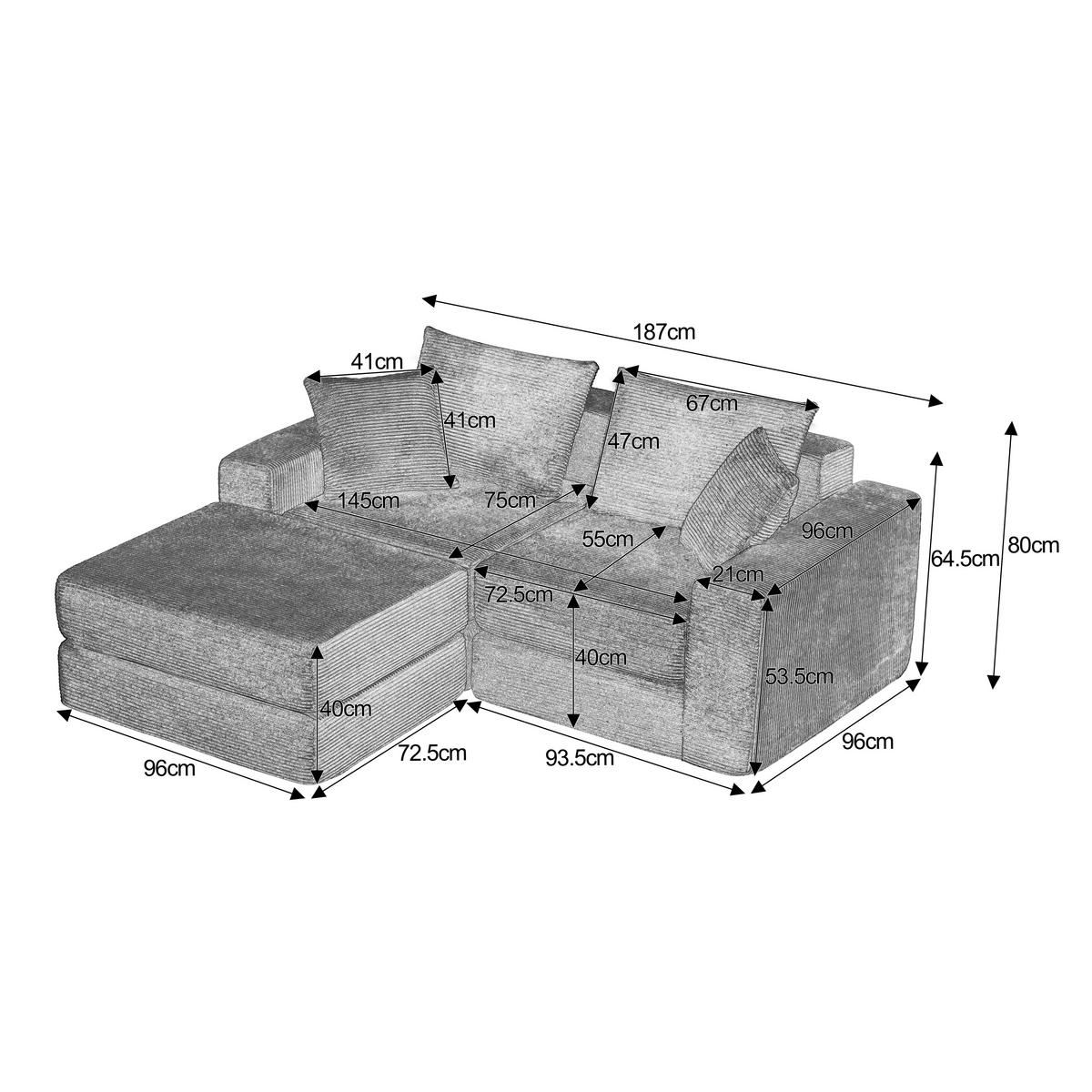 3-SITZER SOFA Modulares Cord Grün ohne Montage - Grün, Kunststoff (259.5/96cm) - Urban Meuble