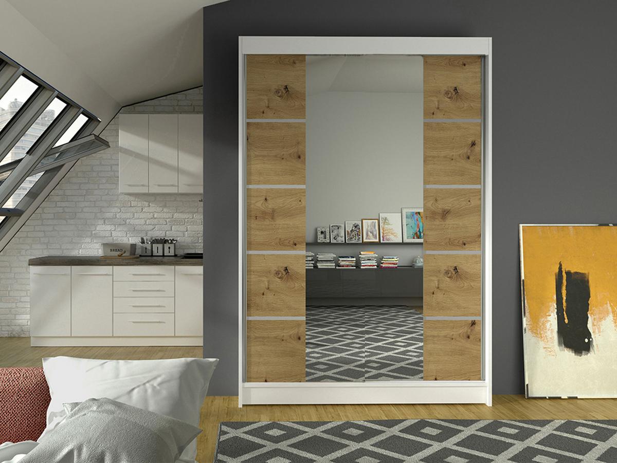 SCHWEBETÜRENSCHRANK Lino V - Weiß/Eiche Artisan, Holzwerkstoff/Metall (120/200/58cm) - MIRJAN24