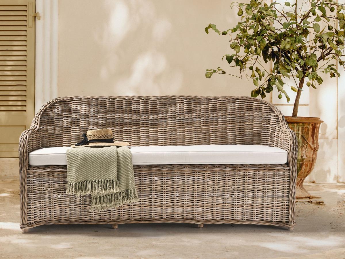 GARTENSOFA 3-Sitzer Naturfarben Susua - Naturfarben/Weiß, Naturmaterialien (189/87/66cm) - Beliani