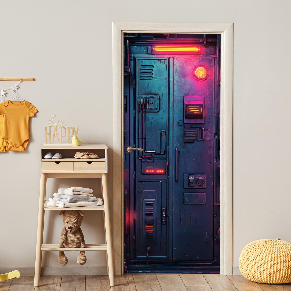 TÜRAUFKLEBER Tür - Futuristisch - Blau - Rosa - Neon Room Decor 85x205 cm - Türtapete - Anthrazit, Kunststoff (85/0.1cm) - MuchoWow
