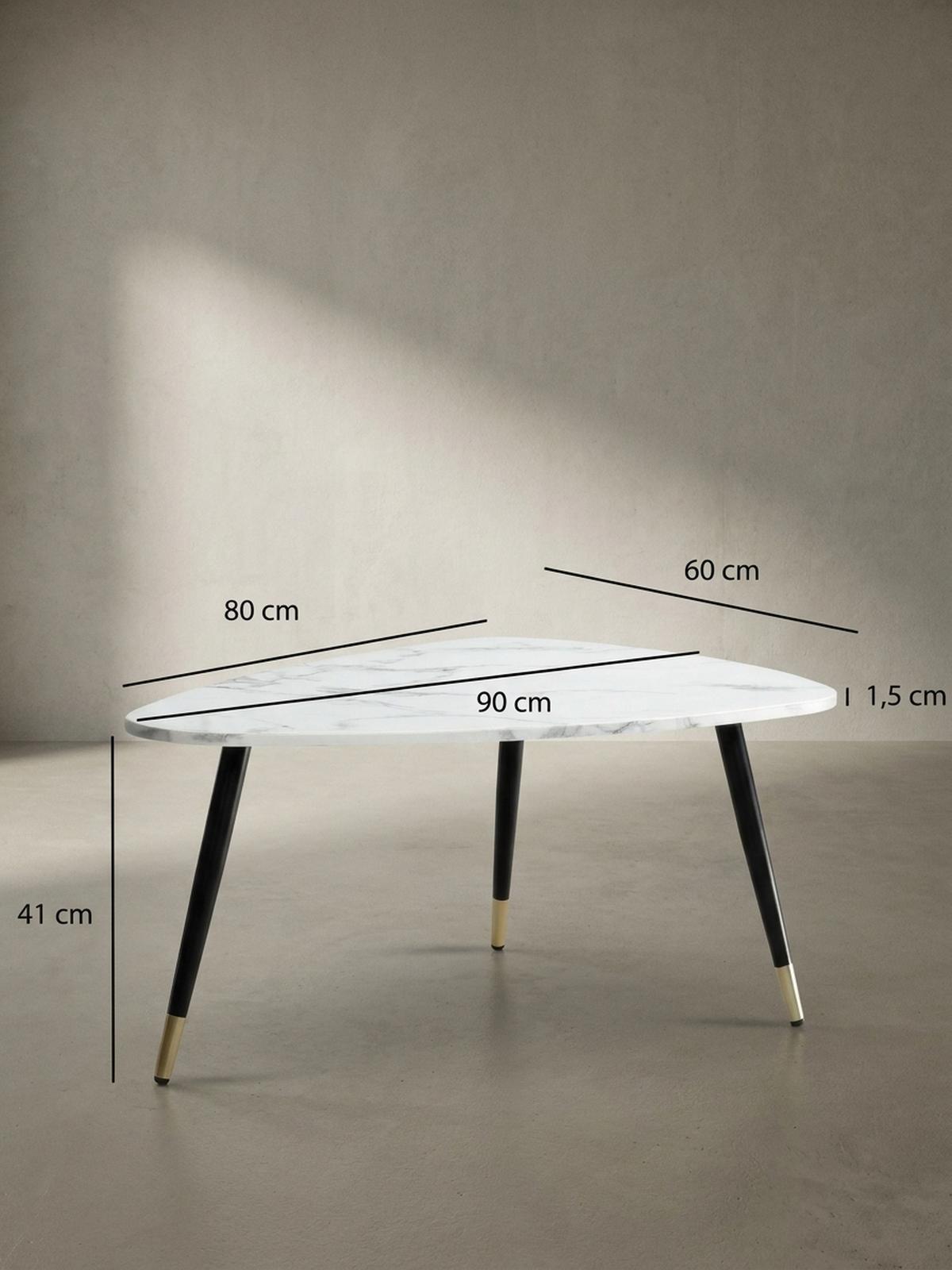 COUCHTISCH mit Marmor Optik, Dreibein, Metall-Gestell, Dreieckig, Weiß 90x60x41 cm - Goldfarben/Weiß, Holzwerkstoff/Metall (60/90/41cm) - KADIMA DESIGN