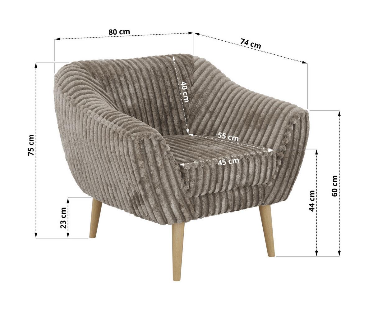 SESSEL PIRS - Hellbraun Cord - Holzbeine - Hellbraun/Buchefarben, Holzwerkstoff/Textil (80/75/74cm) - MKS