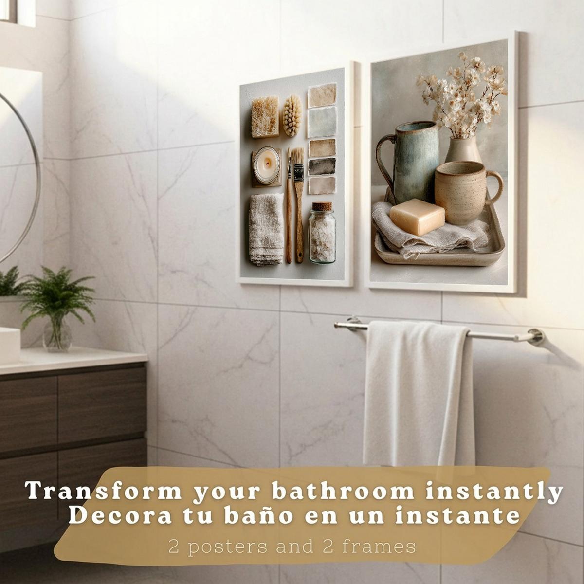POSTER 2er-Set dekorative Badezimmer-Wandbilder und für Waschbecken, Dusche, WC mit Seifen, Tassen, Blumen künstlerischer Naturstil Weißer Rahmen A4 - Weiß, Papier (29.7/21/3cm) - Nacnic