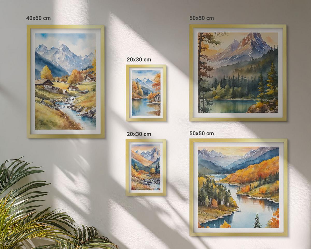 BILDER SET 5er Set - 50x50 cm & 20x30 cm & 40x60 cm Goldrahmen - Bergblick, Fluss, Herbst - Goldfarben, Kunststoff (40/60cm) - TULUP