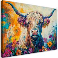 WANDBILD bunte schottische kuh blumen - Multicolor, Textil (60/40cm) - Feeby