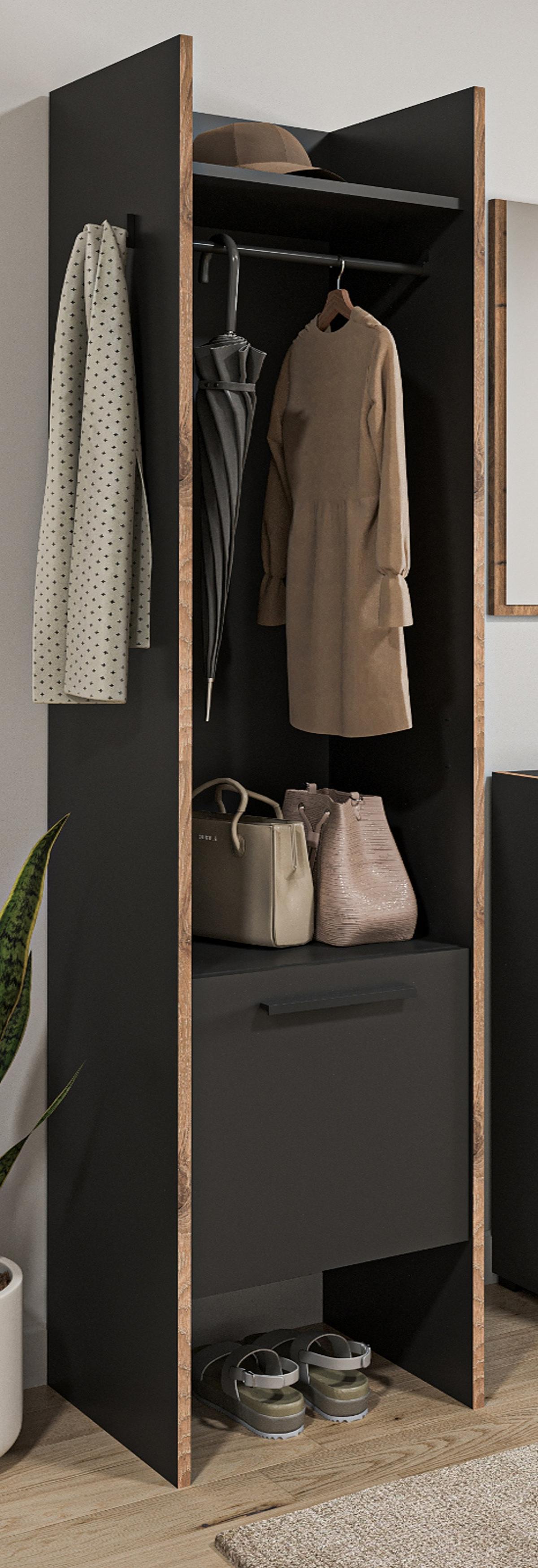 GARDEROBE grau und Nox Eiche, Kompaktgarderobe 42 x 189 cm, Salud - Dunkelgrau/Schwarz, Holzwerkstoff/Kunststoff (42/189/37cm) - Inn.Furn