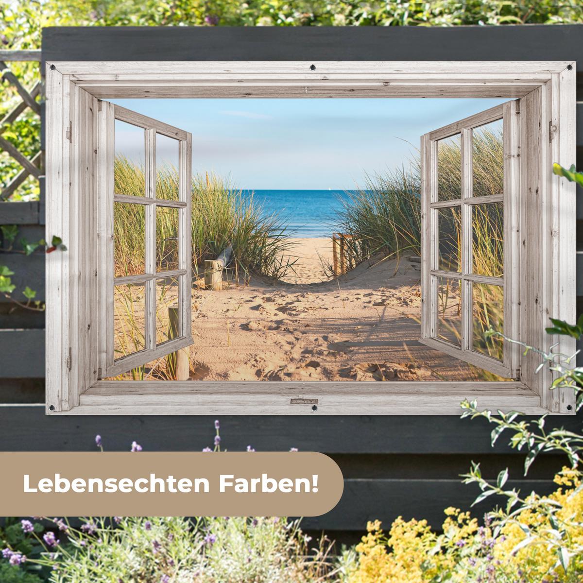 GARTENPOSTER Durchblick - Strand - Meer - Dünen - Sand - Wasser - Hochgras Poster für draußen 180x120 cm - Sandfarben, Kunststoff (180/120/0.2cm) - OnlyWow