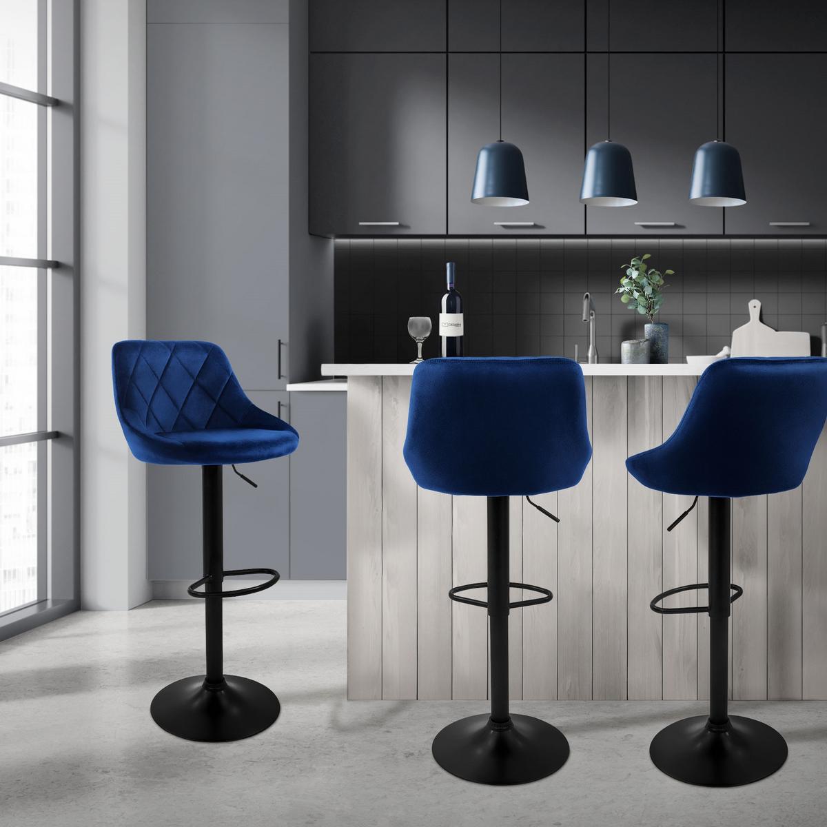BARHOCKER 2er Set aus Samt Blau höhenverstellbar/drehbar - Blau/Schwarz, Metall (37/106/47cm) - ML-DESIGN