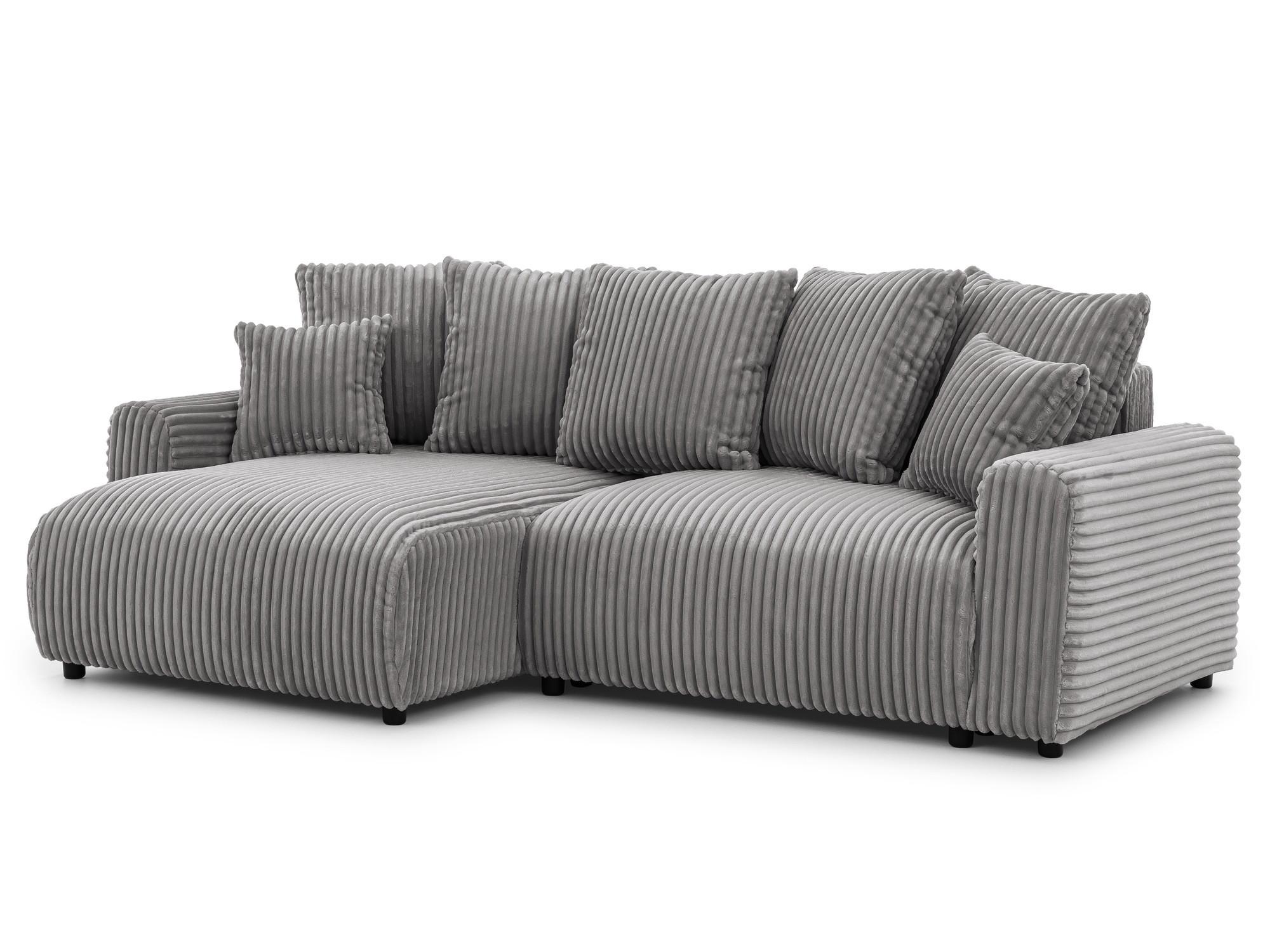 ECKSOFA Calma mit Schlaffunktion und Bettkasten im Bumpy-Design aus weichem Grau Plüschcord - Ottomane links - Schwarz/Grau, Holz/Kunststoff (239/140cm) - S-Style
