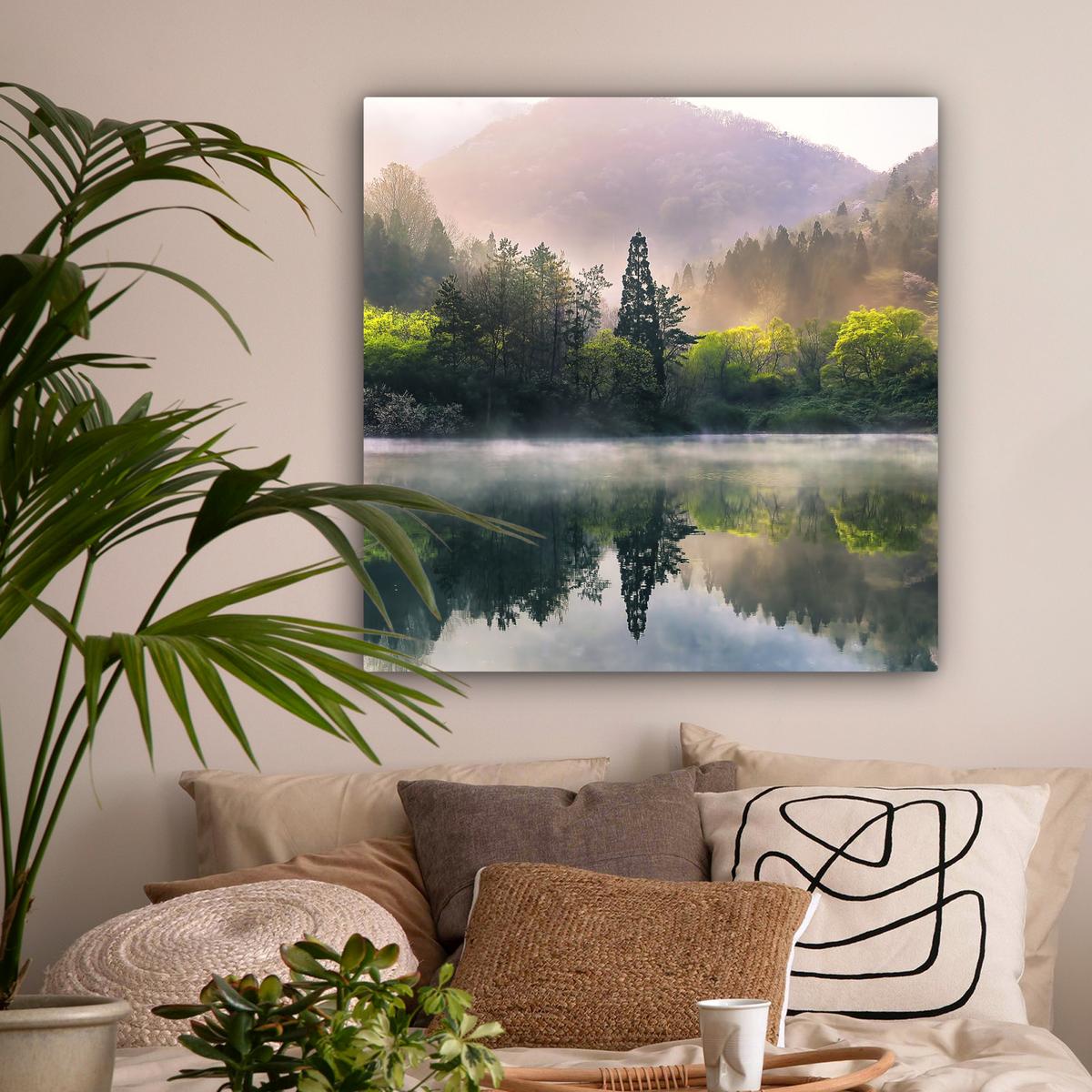 LEINWANDBILD Natur - Bäume - Berge - See - Wasser Deko Groß 90x90 cm - Hellgrün, Textil (90/90cm) - MuchoWow