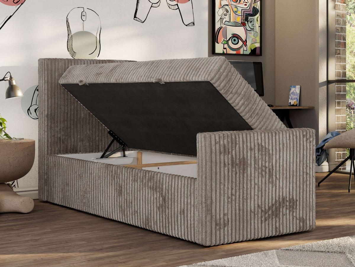 JUGENDBETT TILIO DUO 90/200 - Hellbraun Cord - H4 - Links Seite - Hellbraun, Textil (90/200cm) - MKS