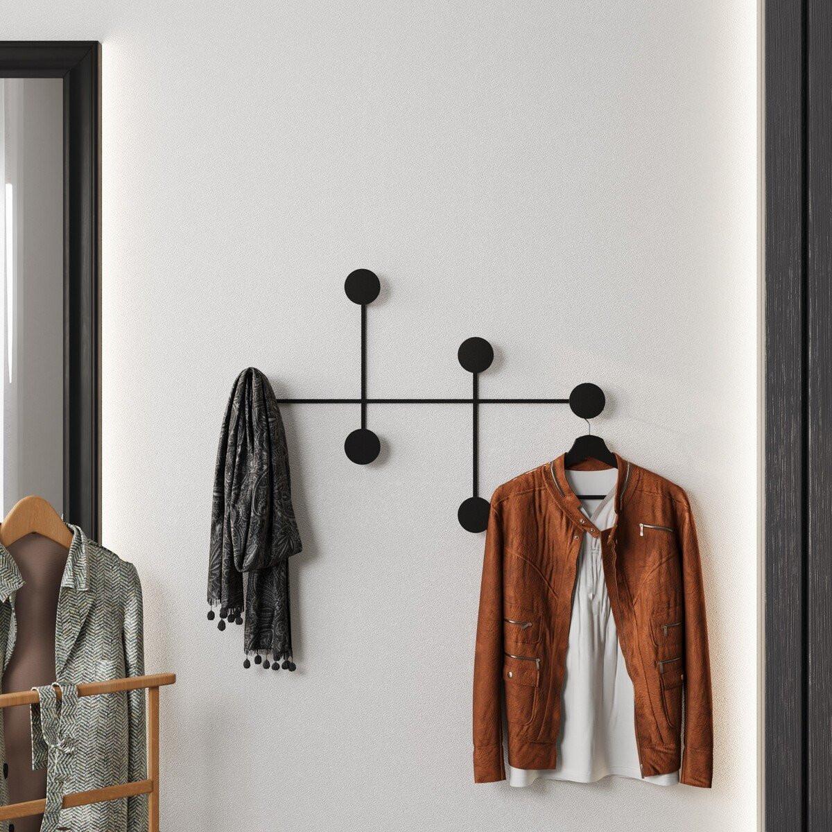 WANDGARDEROBE mit 6 Haken aus schwarzem Metall 82/10/60 cm - Schwarz, Metall (10/60/82cm) - Calicosy