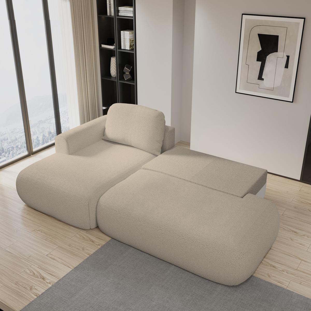 ECKSOFA NUVIRA L-S Beige Boucle-Stoff mit Schlaffunktion - Beige, Holz (279/158cm) - MASSENO