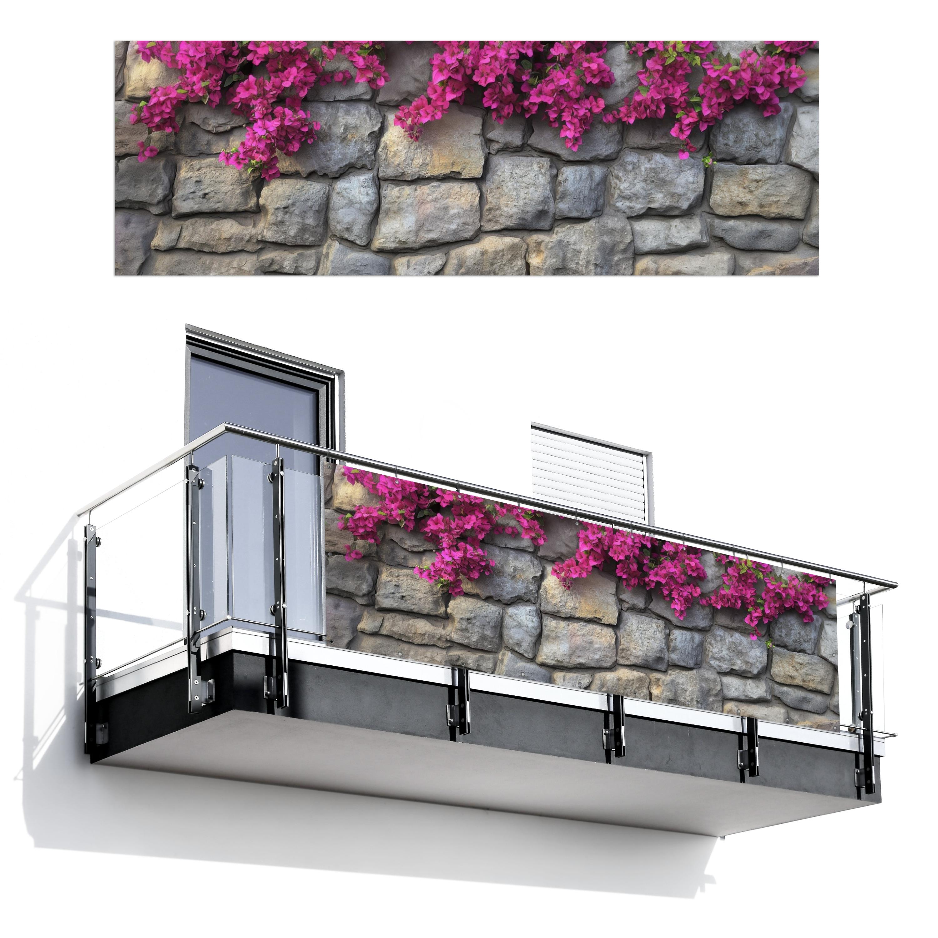 BALKON-SICHTSCHUTZ Bougainvillea - Steinmauer - Rosa Windschutz 300x100 cm - Magenta, Kunststoff (300/100cm) - MuchoWow