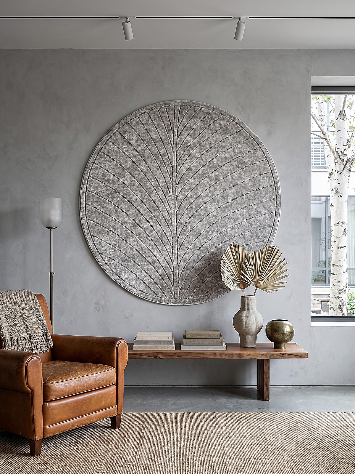 TEPPICH Outdoor, Fußbodenheizung-geeignet, mit Blattmotiv, aus Polypropylen, ENGADIN in Silbergrau, Ø 120 cm - Grau, Textil (120/120cm) - KADIMA DESIGN