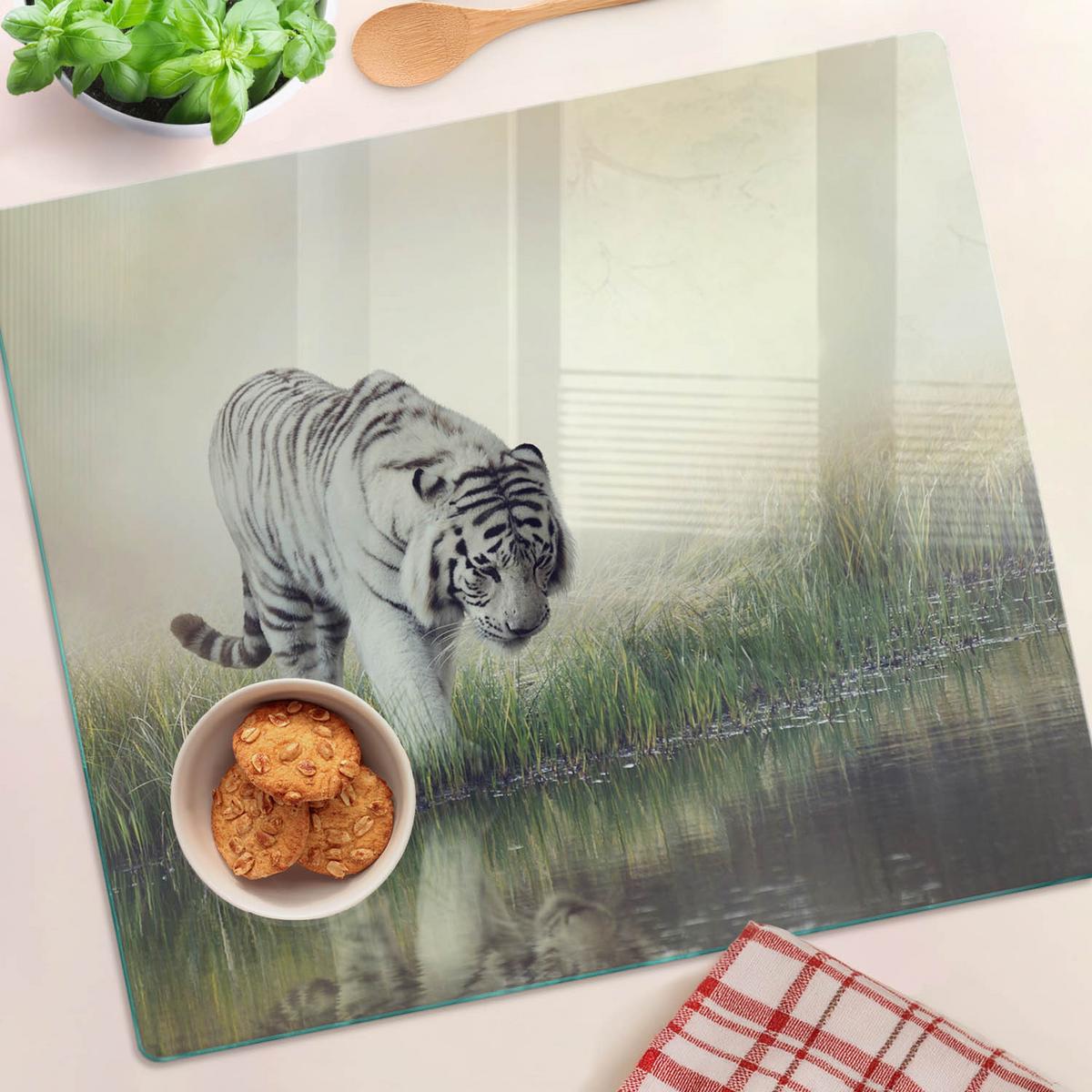 GLASPLATTE 60x52 cm Weißer Tiger - Dunkelbraun/Braun, Glas (60/0.4/52cm) - TULUP