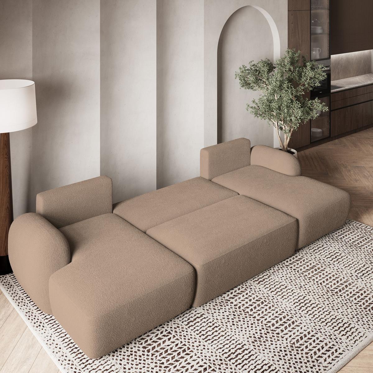 WOHNLANDSCHAFT SAVONA N Beige Boucle-Stoff mit Schlaffunktion - Beige/Schwarz, Holz/Kunststoff (320/90/148cm) - MASSENO