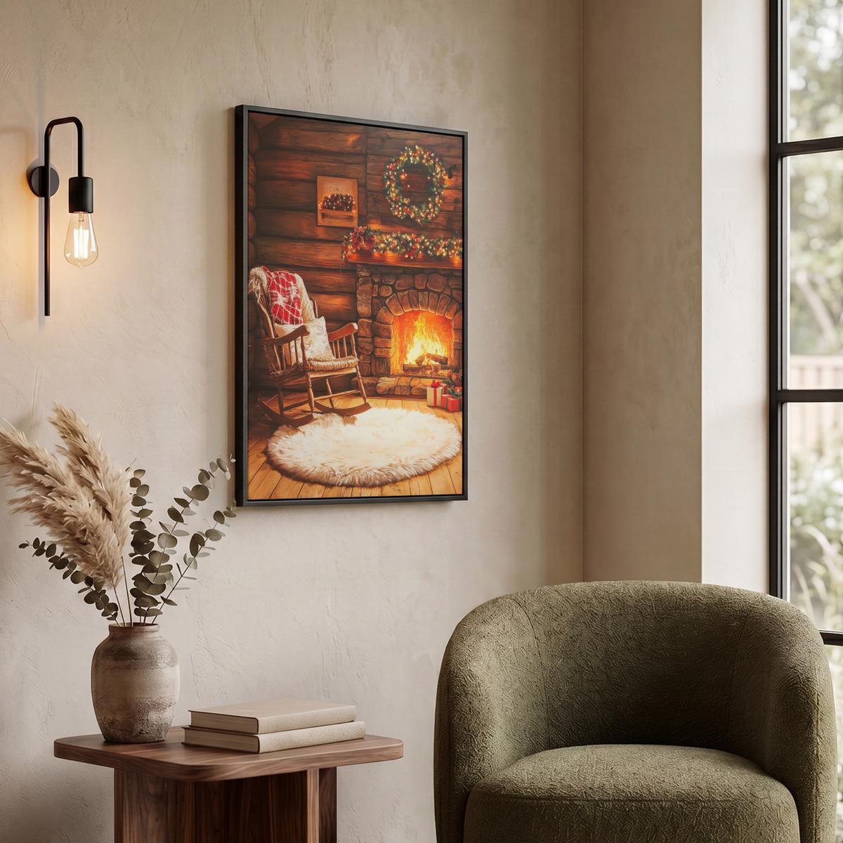 LEINWAND Bilder mit Rahmen - Winter - Weihnachten - Zuhause - Kamin - 50x70 - Bernsteinfarben, Textil (50/70cm) - MuchoWow